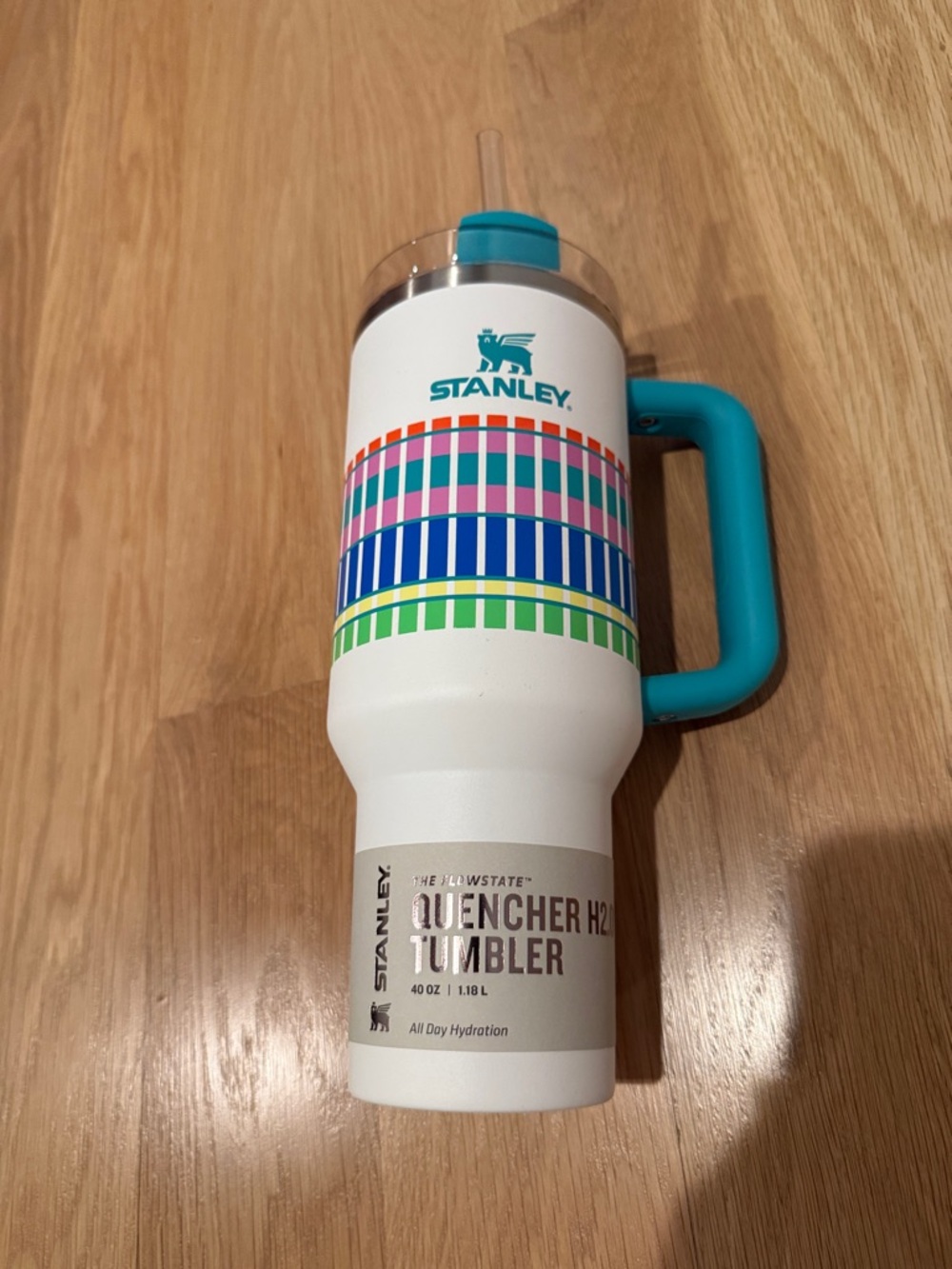 Target summer plaid Stanley White Tumbler with Teal Handle Multicolor Stripes